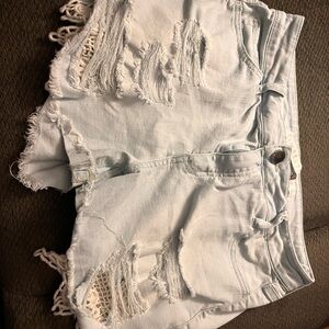 Tinseltown Light Blue Distressed Crochet-Trim Denim Shorts